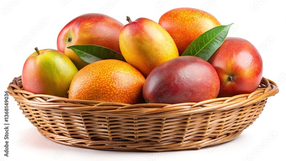 A wicker basket overflowing with a delightful collection of ripe mangoes of varying colors and sizes, showcasing the vibrant hues of nature A wicker basket overflowing with a delightful collection of ripe mangoes of varying colors and sizes, showcasing the vibrant hues of nature