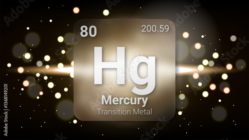 Mercury (Hg) (080) Transition Metal, Glass Morphism Element Futuristic Neon Light Glow Background Periodic Table, Chemical Symbol, Name, Atomic Mass, Atomic Number, Vector Illustration