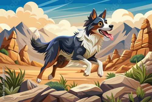dog running in field with rocks and blue sky