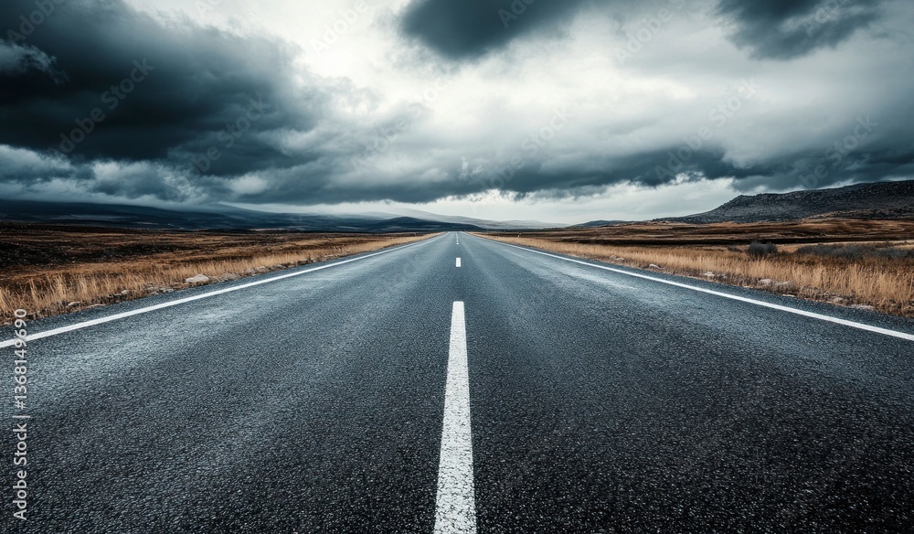 Naklejka premium Open Road Under Dramatic Cloudy Sky for Travel and Exploration