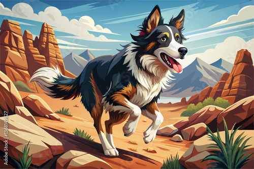 dog running in field with rocks and blue sky