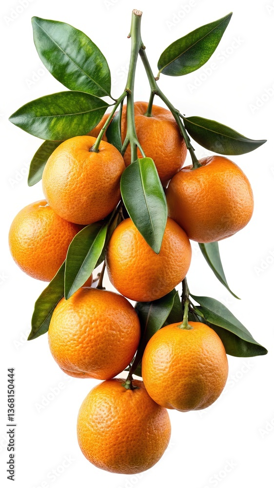 A Bunch of Ripe Mandarin Oranges Hanging on a Branch with Lush Green Leaves A Bunch of Ripe Mandarin Oranges Hanging on a Branch with Lush Green Leaves