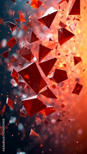A dynamic explosion of red and transparent crystal-like fragments against a dark background, creating an ethereal visual effect.