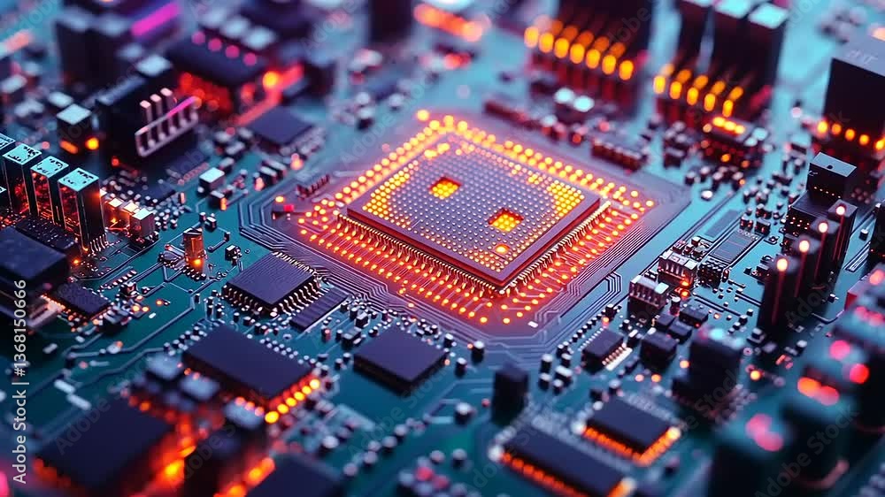 Close-up of a vibrant computer circuit board with a glowing processor. Close-up of a vibrant computer circuit board with a glowing processor.