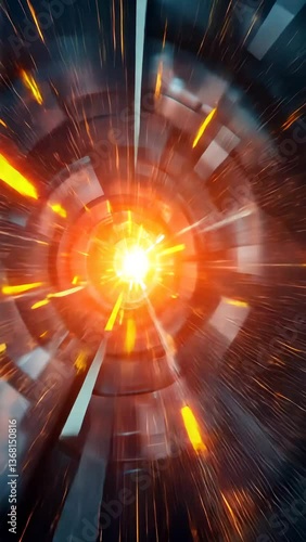 A vibrant burst of light and color, resembling an explosion or supernova, with glowing orange and blue elements radiating outward from a central point.
