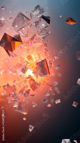 A vibrant explosion of crystal shards emanating bright orange light, creating a dynamic contrast against a soft gradient background.