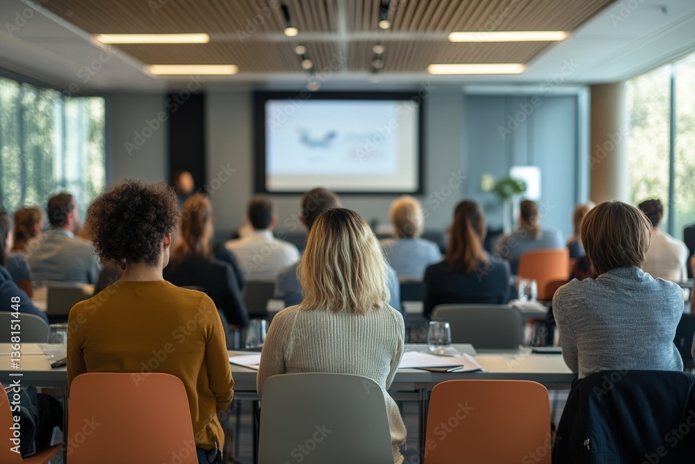 Diverse team at a corporate symposium gathers attentively in a spacious conference room for an engaging presentation Diverse team at a corporate symposium gathers attentively in a spacious conference room for an engaging presentation