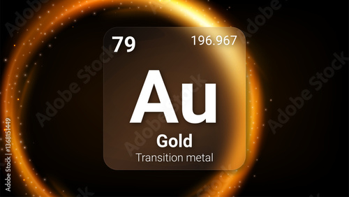 Gold (Au) (079) Transition Metal, Glass Morphism Element Futuristic Neon Light Glow Background Periodic Table, Chemical Symbol, Name, Atomic Mass, Atomic Number, Vector Illustration