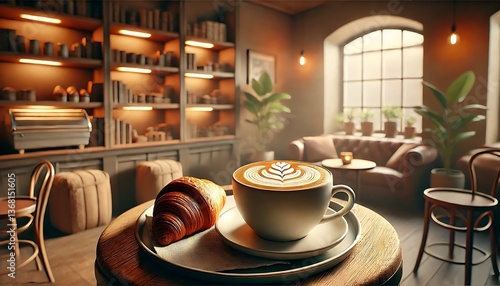 cozy coffee shop scene with a latte art cappuccino and a chocolate croissant on a small wooden table. Generative AI