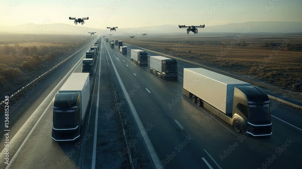 Fototapeta premium A high-resolution aerial shot of a convoy of fully autonomous trucks on a major highway, stretching into the horizon. The trucks are uniform, futuristic in design