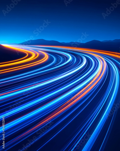 Night road, light trails curve through mountains