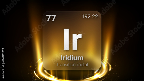Iridium (Ir) (077) Transition Metal, Glass Morphism Element Futuristic Neon Light Glow Background Periodic Table, Chemical Symbol, Name, Atomic Mass, Atomic Number, Vector Illustration
