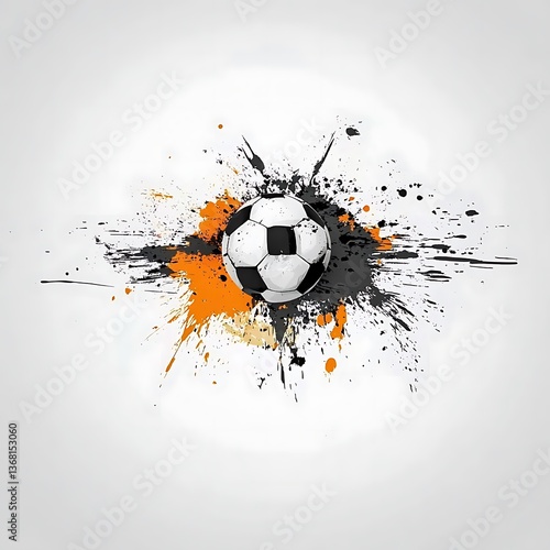 A black and white soccer ball surrounded by paint splashes