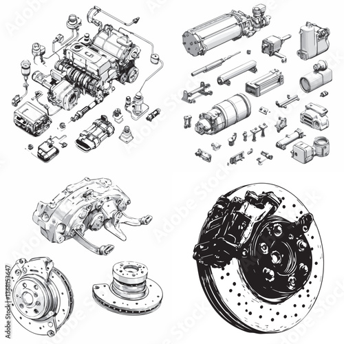 hydraulic and braking system, vector, black, white, graphics
