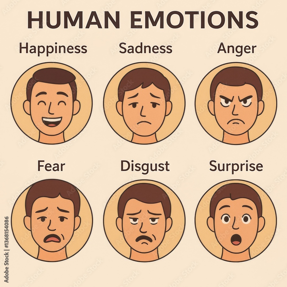 Set of icons representing various human emotions including happiness, sadness, anger, fear, disgust, and surprise Set of icons representing various human emotions including happiness, sadness, anger, fear, disgust, and surprise