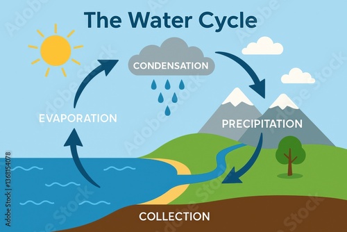 Illustrated Diagram of the Water Cycle Process with Key Stages