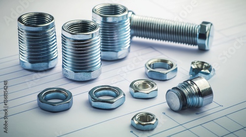 Industrial fasteners and hardware metal nuts and bolts on blueprint workshop environment close-up view engineering concepts
