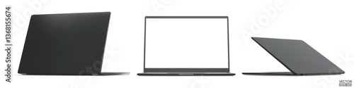 3D image of black laptop, front and back view from different angles isolated on white background. Realistic Laptop black color mockup with blank screen display. 3D vector illustration.