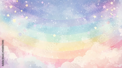 Dreamy rainbow sky illustration fantasy background digital art colorful clouds whimsical viewpoint serene atmosphere