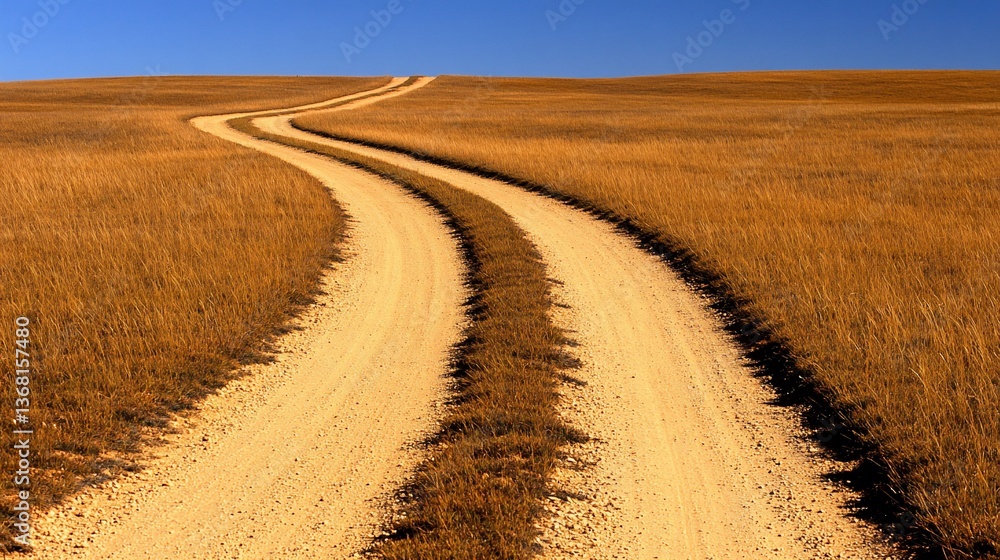 Naklejka premium Winding dirt road through golden field