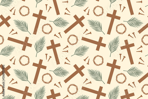 Easter, Holy Week seamless pattern with palm leaf, crown of thorns and cross  - vector illustration