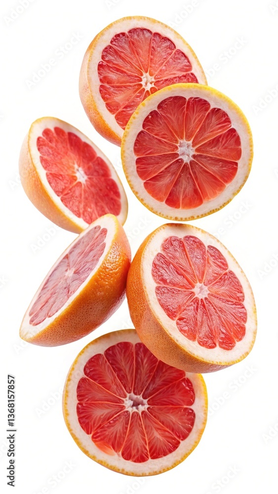 Fresh Juicy Grapefruit Slices Falling in Air on White Background Healthy Vitamin C Citrus Fruit Delicious Summer Tropical Food Fresh Juicy Grapefruit Slices Falling in Air on White Background Healthy Vitamin C Citrus Fruit Delicious Summer Tropical Food