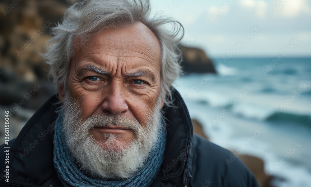 Elderly man with white beard at shore Elderly man with white beard at shore