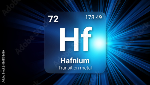 Hafnium (Hf) (072) Transition Metal, Glass Morphism Element Futuristic Neon Light Glow Background Periodic Table, Chemical Symbol, Name, Atomic Mass, Atomic Number, Vector Illustration