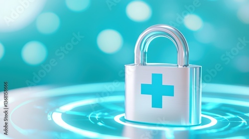 A shiny padlock with a medical cross symbol on a glowing background, representing security in health and safety, health info records management.