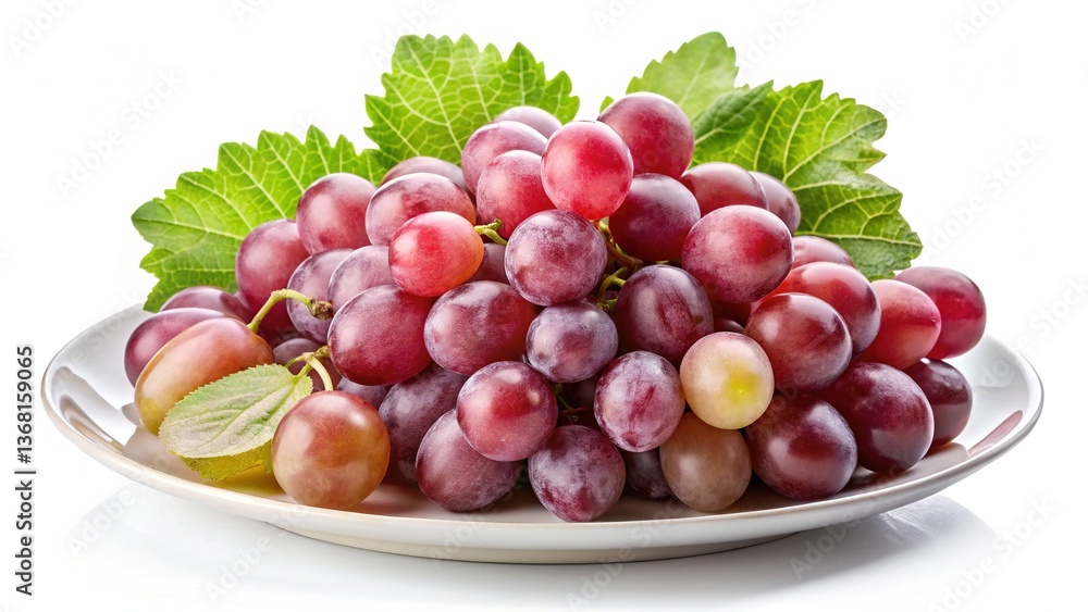A plate of fresh red grapes with green leaves a delicious and healthy fruit snack A plate of fresh red grapes with green leaves a delicious and healthy fruit snack