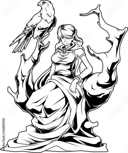 Frigg, Göttin der Weisheit und Schutzpatronin der Familie, sitzt würdevoll mit einem Falken – Sinnbild nordischer Macht und Fürsorge.