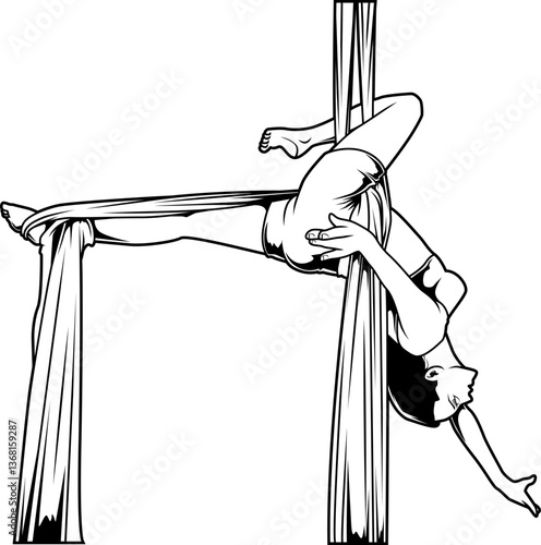 Frau in kreativer Aerial-Yoga-Position, seitlich über Kopf hängend – Ausdruck von Flexibilität und Körperkontrolle.
