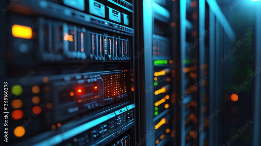 Data Center Servers, Network infrastructure, digital technology, high-tech equipment, glowing lights, server room. Data Center Servers, Network infrastructure, digital technology, high-tech equipment, glowing lights, server room.