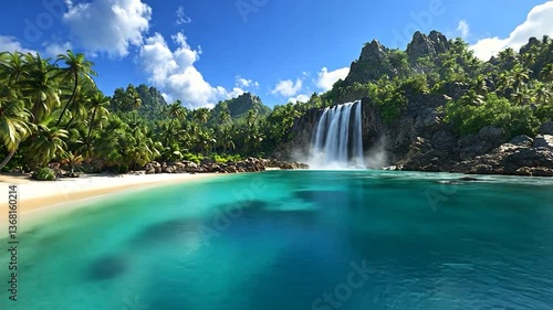 Serene tropical beach with crystal-clear water and a stunning waterfall surrounded by lush greenery