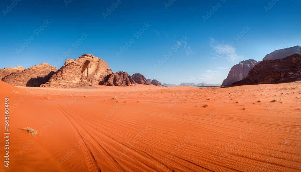 Fototapeta premium wadi rum s vibrant red sands with clear blue sky a captivating landscape showcasing the unique desert terrain and striking color contrast