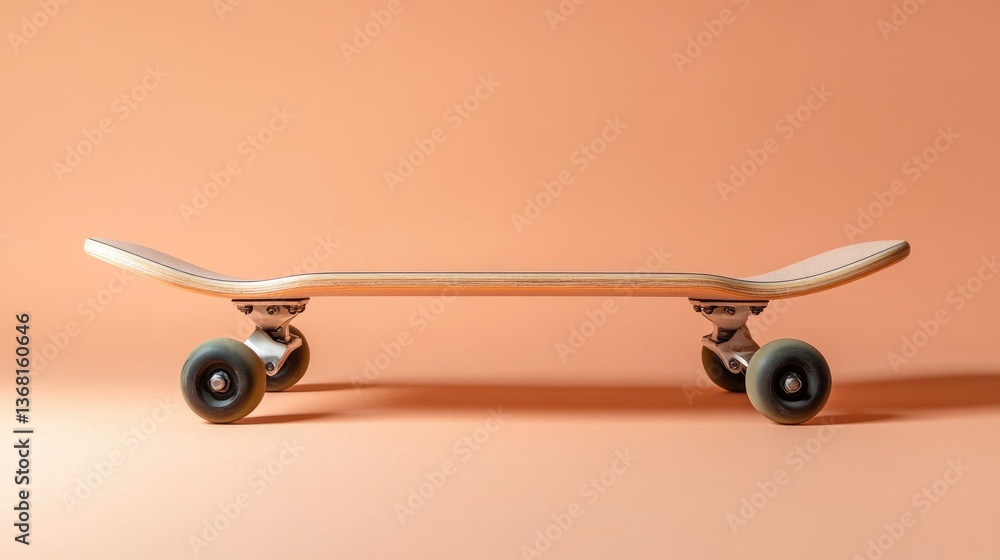 A skateboard with oversized wheels placed on a pastel peach-colored backdrop. A skateboard with oversized wheels placed on a pastel peach-colored backdrop.