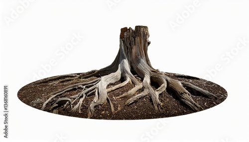 twisted roots of an ancient dead tree exposed above the ground isolated on a white background