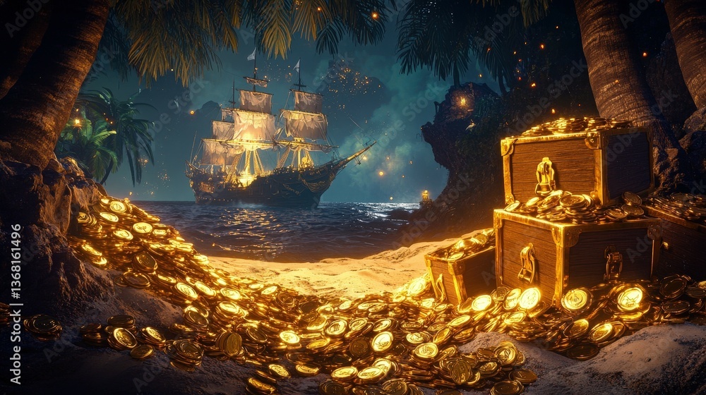 Naklejka premium Gold coins scattered across a sandy beach, piles of treasure chests half-open with jewels spilling out, pirate ships anchored in the distance. A dark tropical island looms in the background
