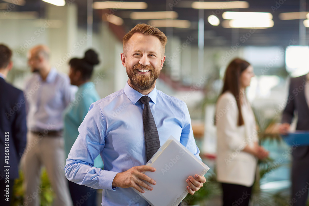 Fototapeta premium Portrait of a young happy smiling confident bearded business man in formal clothes looking cheerful at camera with team of company employees working on background in office. Business portrait concept