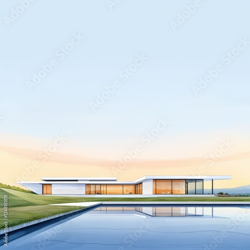 Wallpaper Mural A large white house with a pool and a grassy lawn. The house is surrounded by a beautiful landscape Torontodigital.ca