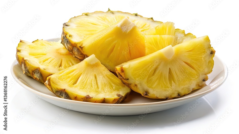 Delicious Slices of Fresh Pineapple on a White Plate Ready to Eat Delicious Slices of Fresh Pineapple on a White Plate Ready to Eat