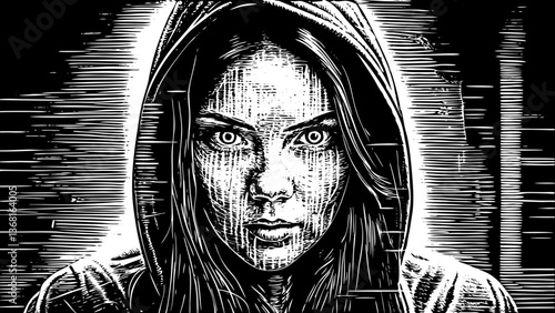  "Hooded Woman in Cyberpunk Noir Style – High-Contrast Digital Art