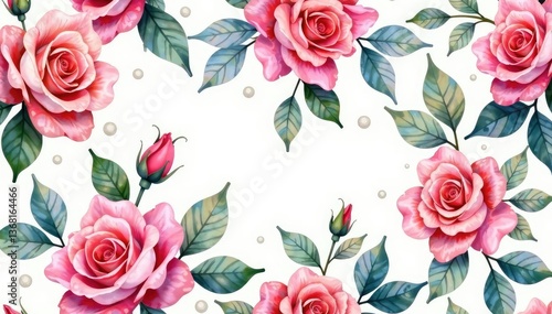 Delicate watercolor roses and leaves, repeating seamlessly , summer, repeat