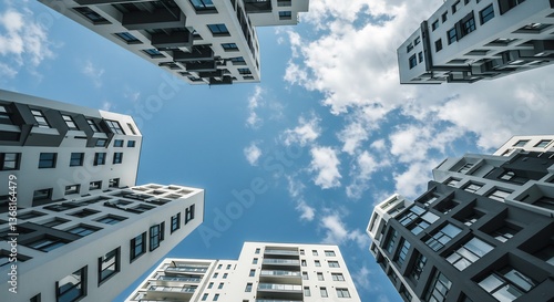 Modern buildings reach skyward bright blue sky. AI Generated