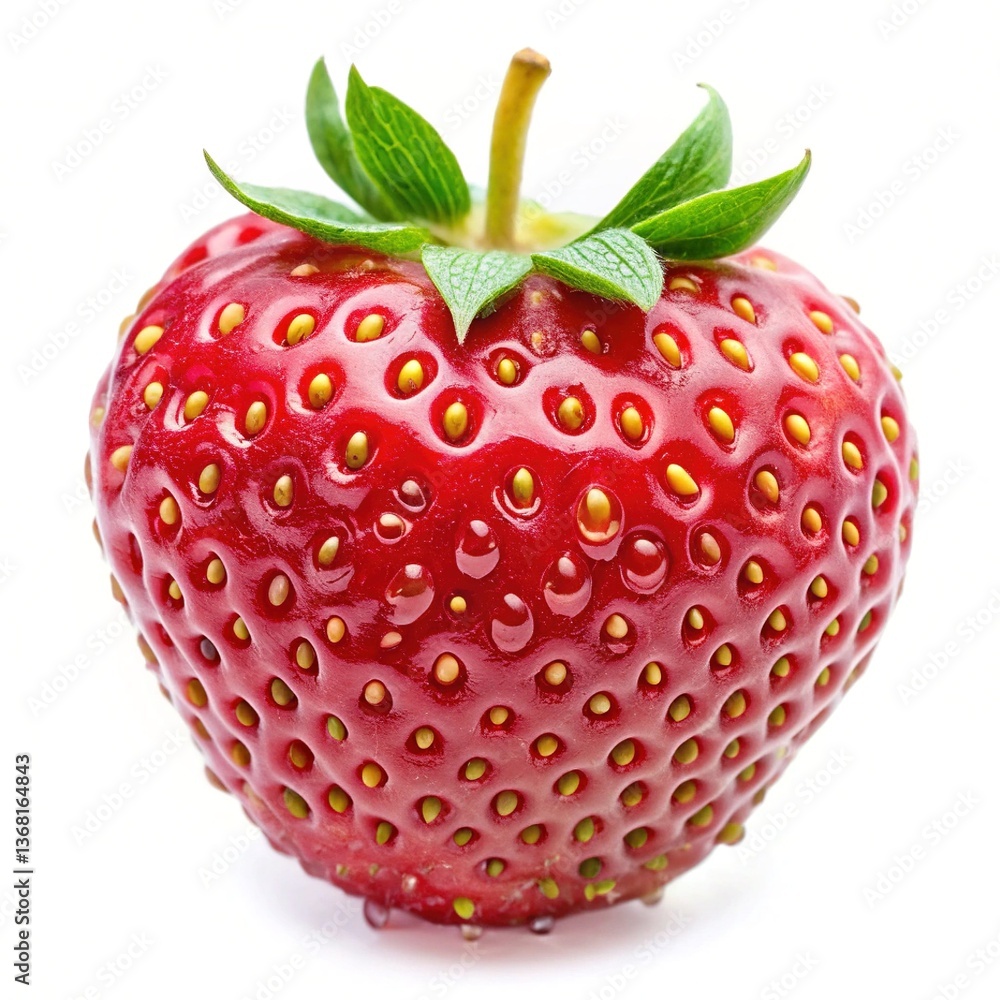 A Single, Juicy, Ripe Red Strawberry with Green Leaves Isolated on White Background A Single, Juicy, Ripe Red Strawberry with Green Leaves Isolated on White Background