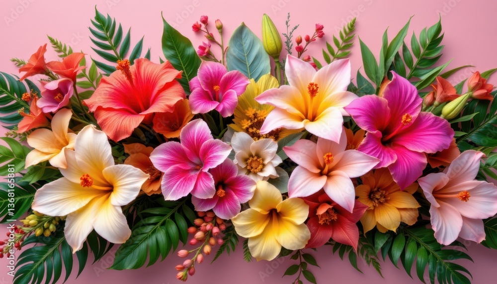 Tropical Floral Fusion Combine exotic flowers such as hibiscus and orchids with softer blooms like lilies, set against a vibrant, tropical backdrop. Tropical Floral Fusion Combine exotic flowers such as hibiscus and orchids with softer blooms like lilies, set against a vibrant, tropical backdrop.