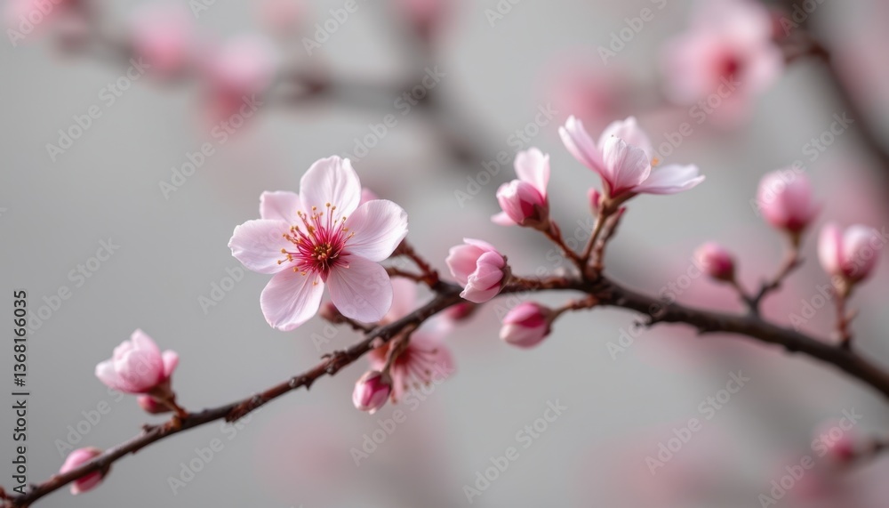 Fototapeta premium Zen Floral Serenity Design a calm and serene image of minimalist flowers, focusing on a few delicate blooms like cherry blossoms, set in a tranquil, monochromatic background.