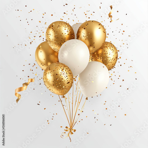 Balloon gold ballon birthday golden 3D confetti party white. Balloon baloon ballon gold gift anniversary happy ribbon celebrate realistic  color illustration card