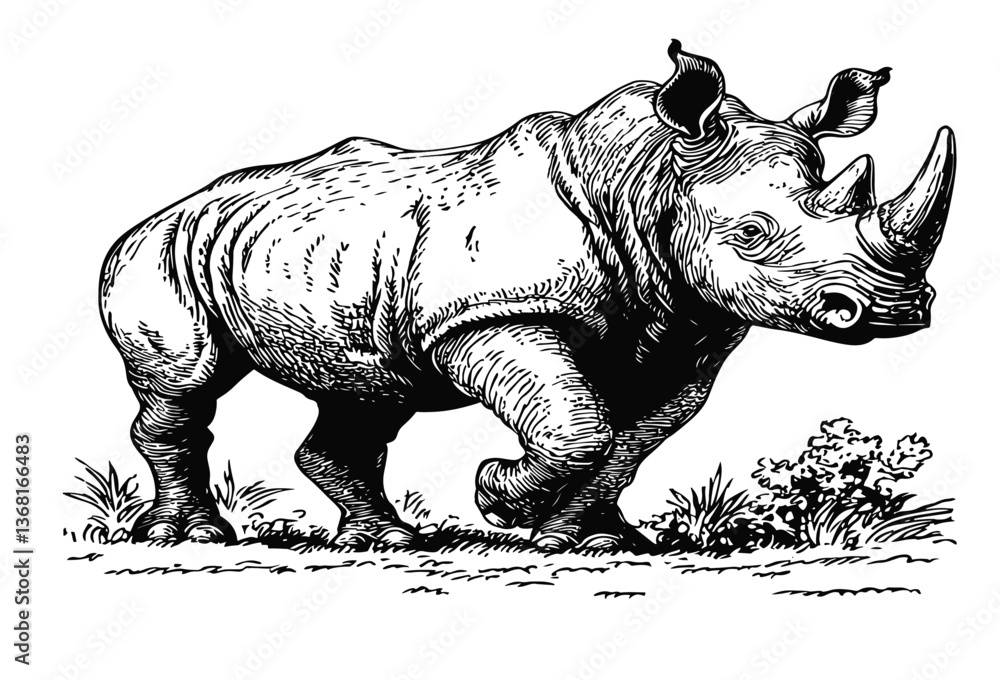 Fototapeta premium Vector detailed black and white illustration of a rhinoceros in a natural setting, showcasing its strength and majesty. Isolate on white background, commercial use