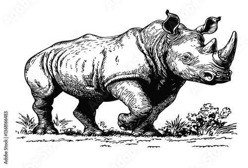 Vector detailed black and white illustration of a rhinoceros in a natural setting, showcasing its strength and majesty. Isolate on white background, commercial use